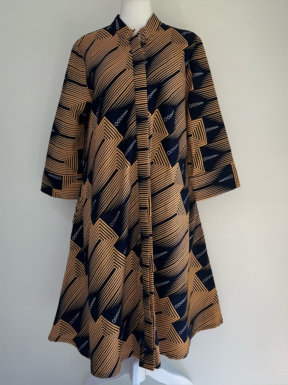 Zuri Women’s Geometric Pattern/Lil Circles Dress Button Down Dk Yellow/Navy SM